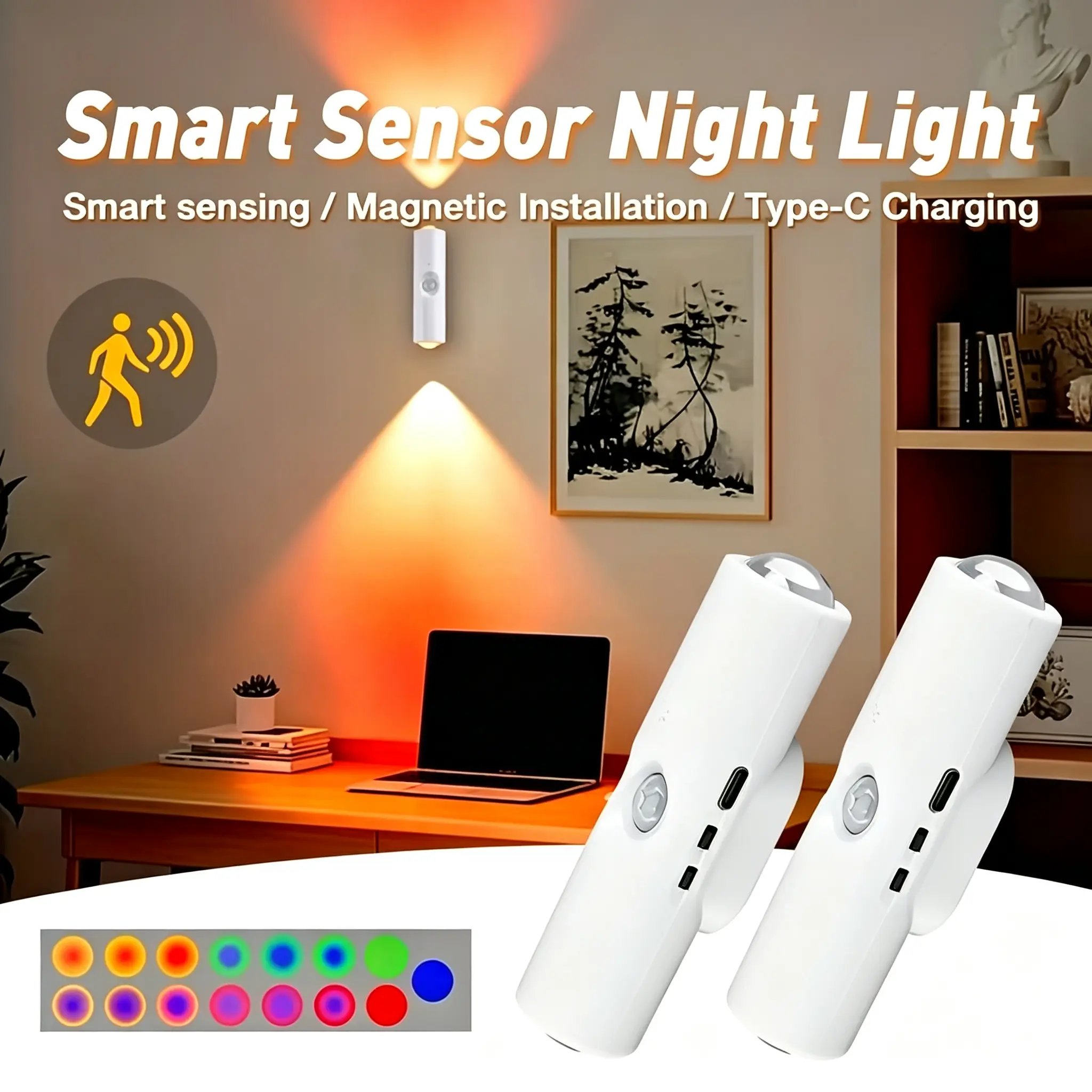 3/4PCS Adjustable RGB Multicolored ABS Smart Motion Sensor LED Wall Sconce - USB Rechargeable Magnetic Wireless Battery Wall Light, Auto On/Off Dimmable Stick-Anywhere Night Light for Bedroom, Home Decor
