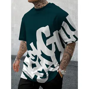 [3D Print T-Shirt for Summer] Men's 3D Letter Print T-Shirt - Dark Green & White, Casual Streetwear, Comfortable Polyester Crew Neck, Short Sleeve Pullover for Summer, Everyday Pullover | Fashionforward Tee | Comfortable Wear