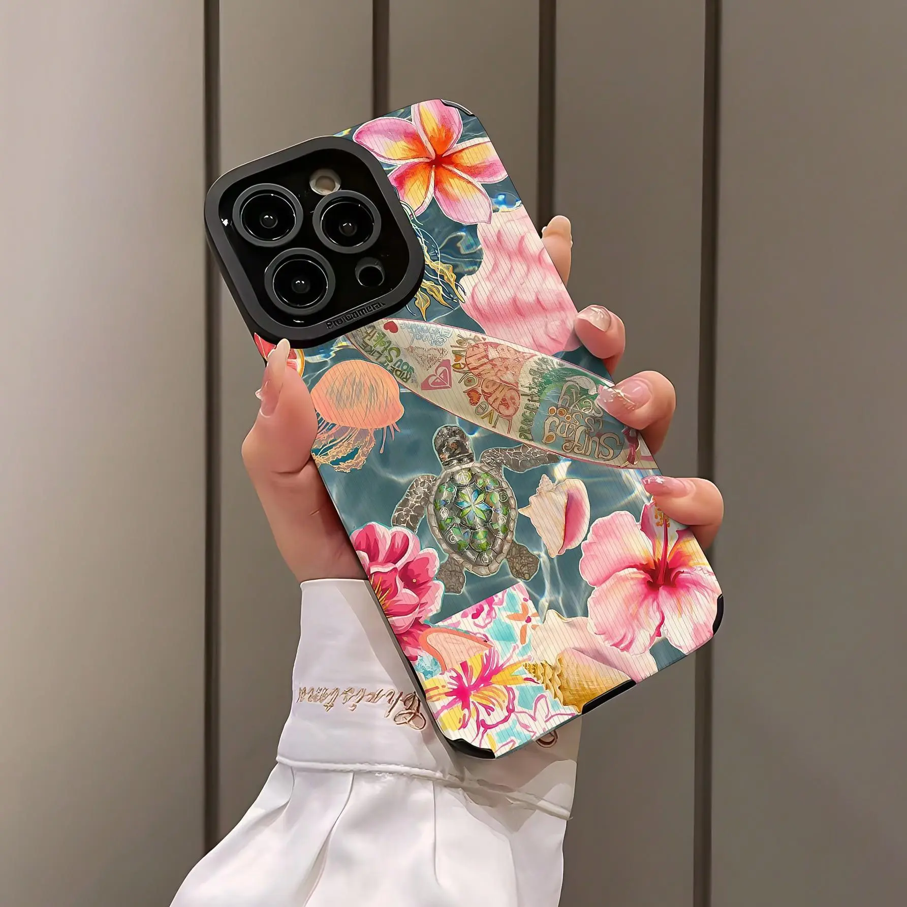 Abstract Turtle & Flower Pattern Phone Case, Shockproof Casing, Decorative Phone Protector Cover, Phone Accessories Compatible with iPhone 16 15 14 13 12 11 Pro Max, Smartphone, Cellphone