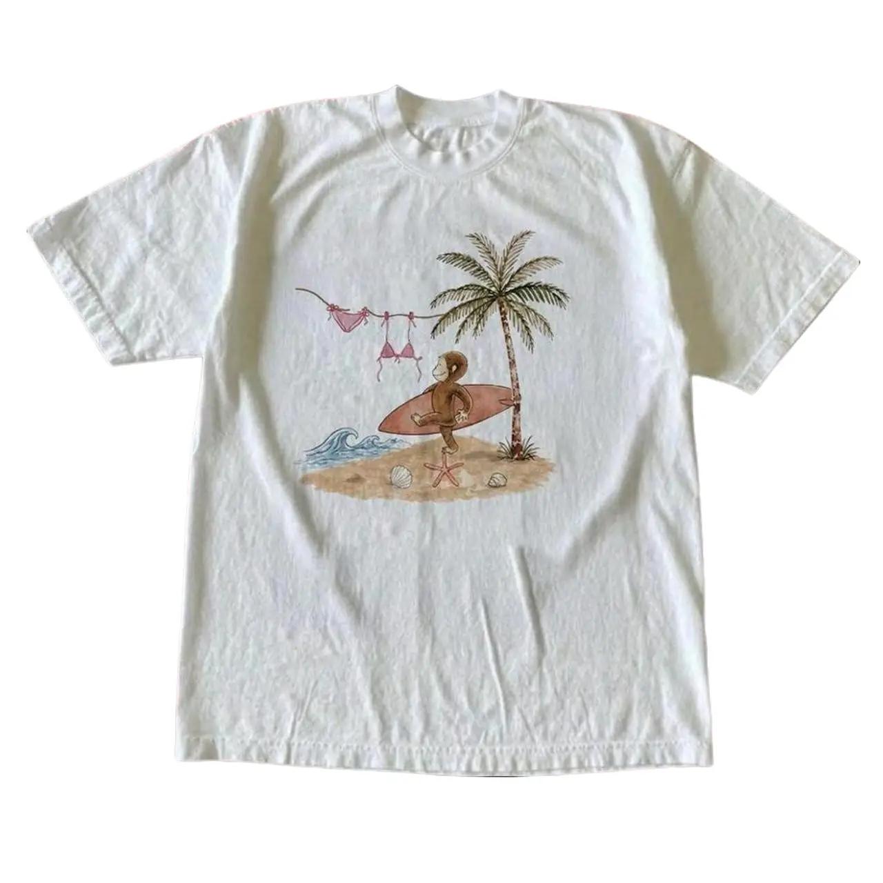 Curious George Surfing white cotton t-shirt, 90s Graphic Shirt, Vintage Retro Style, Gift for Women V2