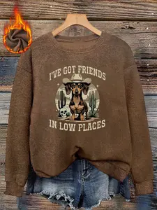 Western Sausage Dog Print Plus Size Women's Faux Sweater, Long Sleeve Round Neck Pullover, Soft Elastic Fabric, Casual Fall & Winter Top