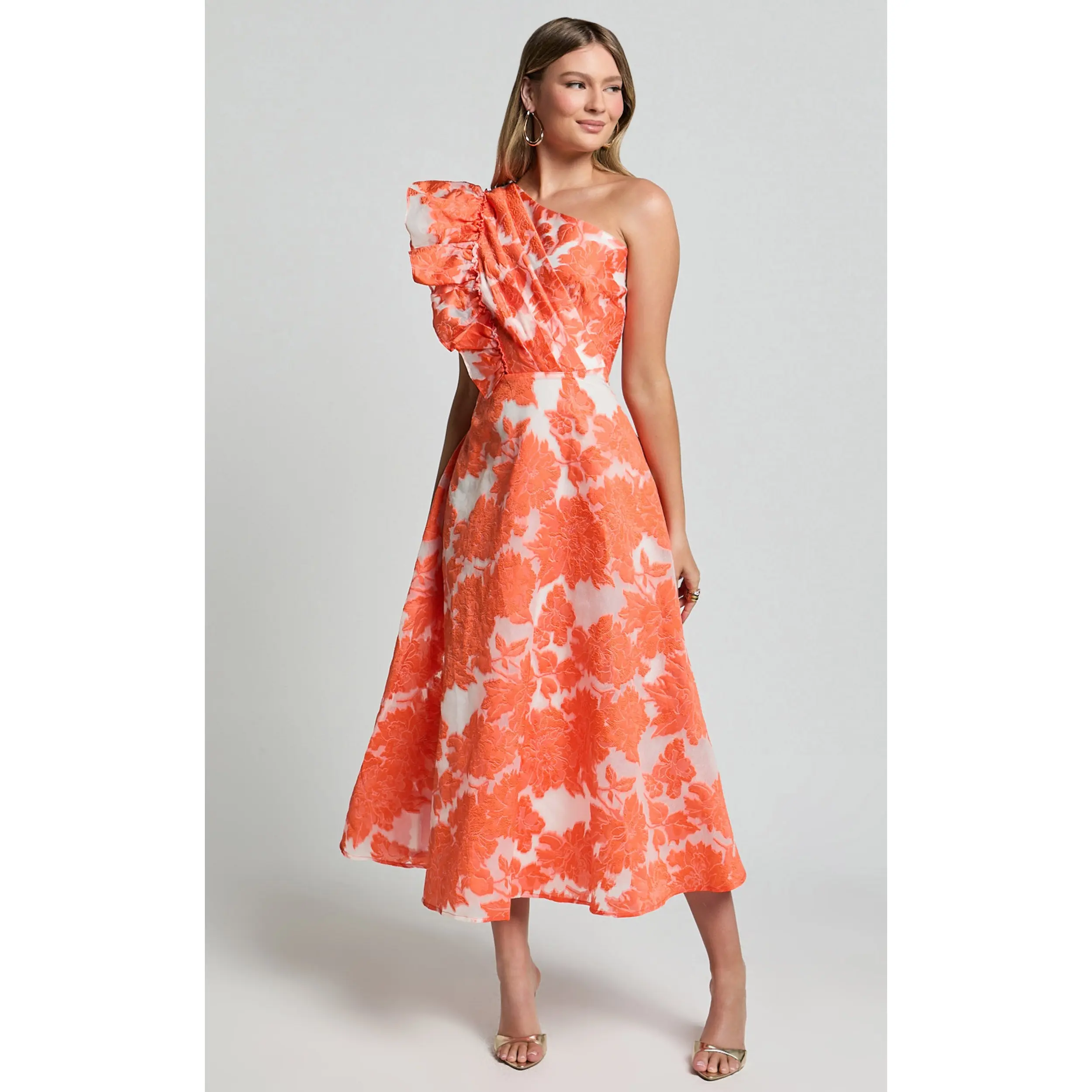 alfreda midi dress Alfreda Midi Dress - One Shoulder Ruffle Detail Brailey Jacquard Dress in  Orange Jacquard