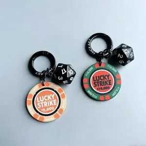 Lucky Strike Ceramic Poker Chip Keychain, American Retro Pattern Car Key Pendant with Dice Charm