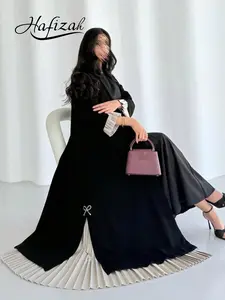 Hafizah Commuter Party Pleated Abaya, Pearl Bow Loose Fit Outerwear, Muslim Luxury Women's Clothing, All Seasons Plain Pattern