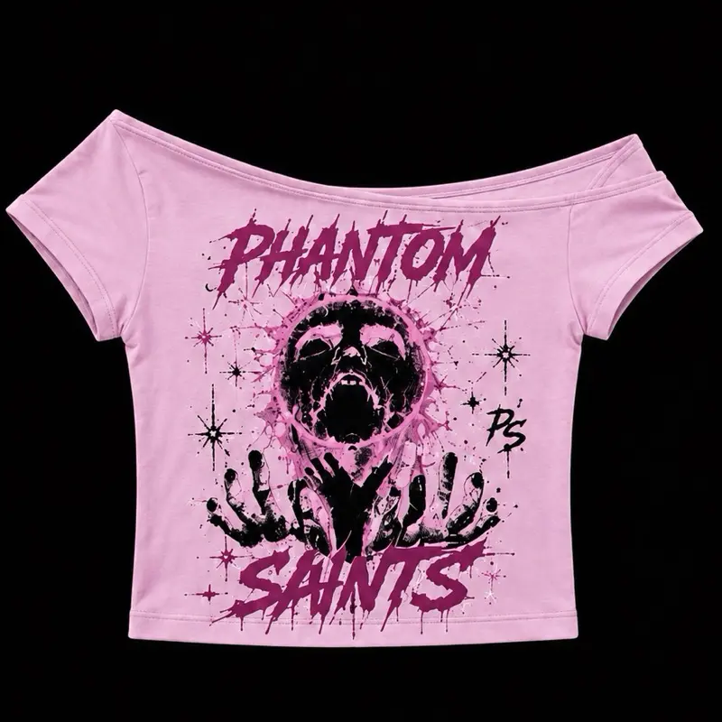 Phantom Saints Pink Off-Shoulder Graphic T-Shirt