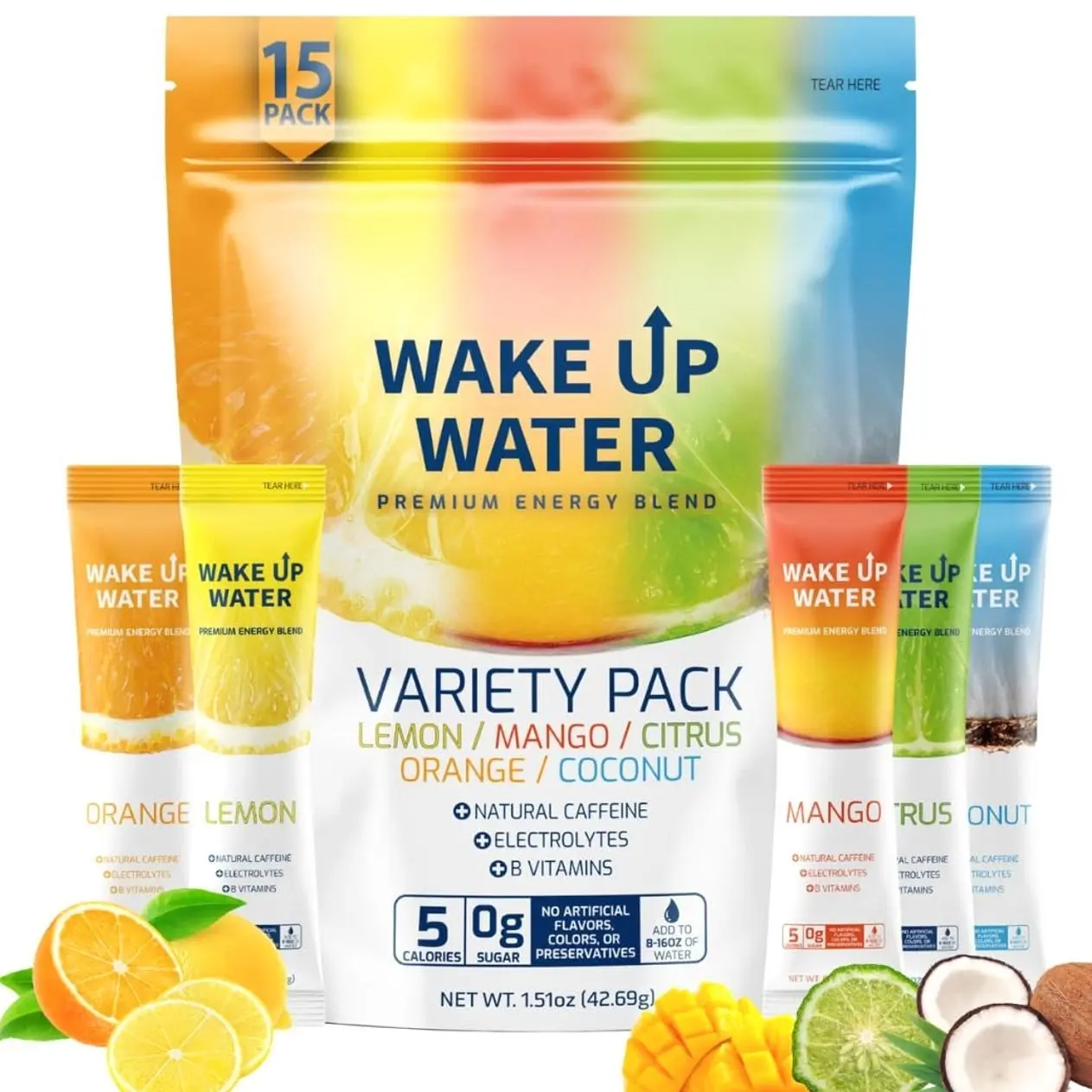 Wake Up Water Energy Drink Mix, Sugar Free Clean Energy Powder with Electrolytes & B Vitamins, Natural Caffeine for Focus & Hydration (15 Pack) - Variety