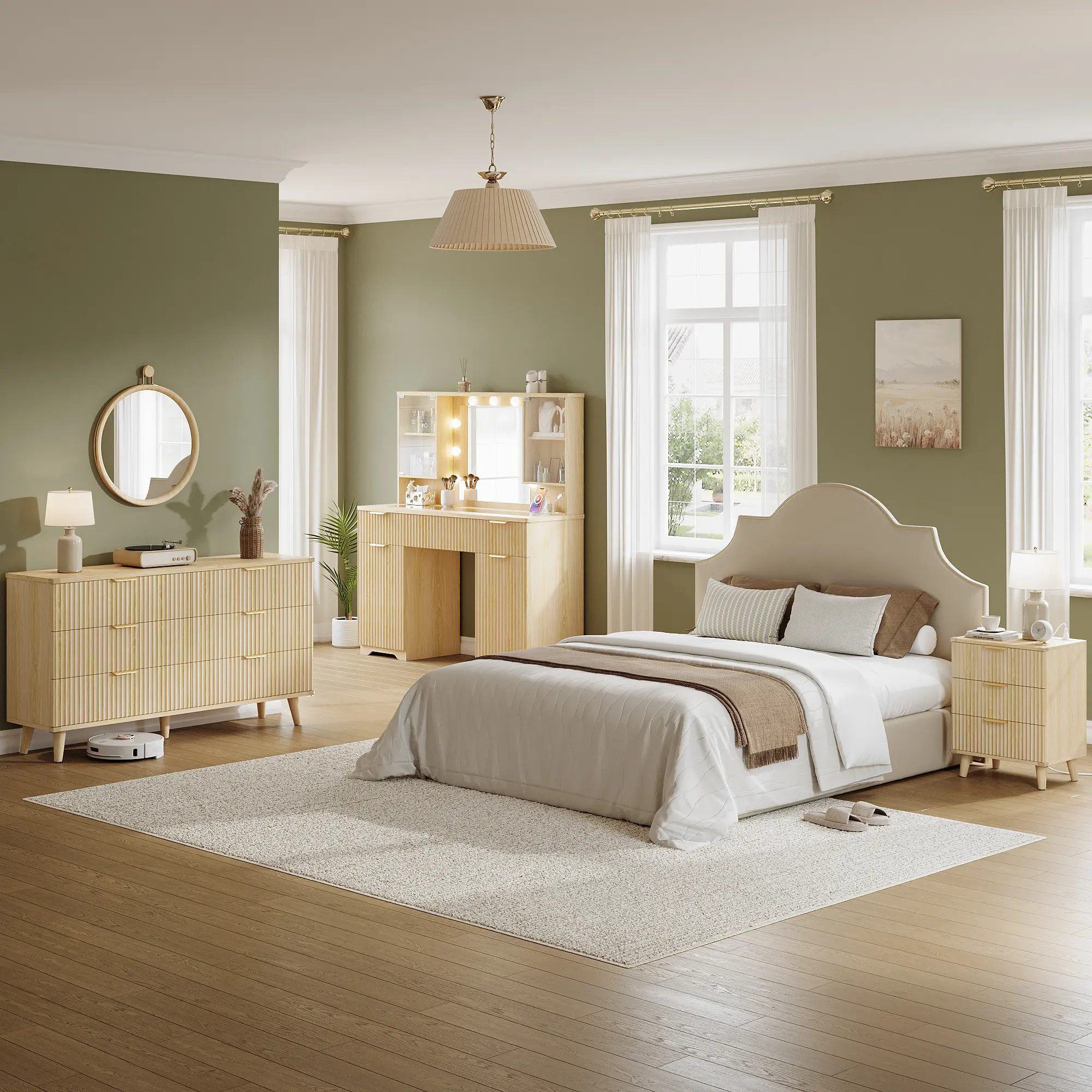 Aowos Boho Bedroom Set, Fluted Modern Dresser Furniture Set, 6 Drawers Dresser, 5 Drawer Vertical Dresser, 3 Drawers Dresser & 1 Drawer Nightstand with Charging Station, Dresser & TV Stand for Bedroom, Home, Dinning, Closet, Living Room, Hallway tiktoksho