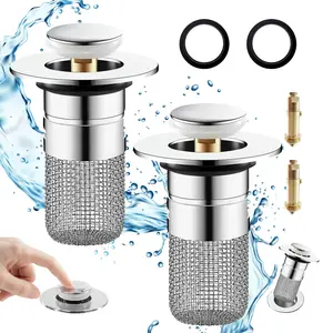 Pop Up Sink Drain Filter with Removable Stainless Steel Basket Hair Catcher Bathroom Stopper Replacement for Easy Cleaning