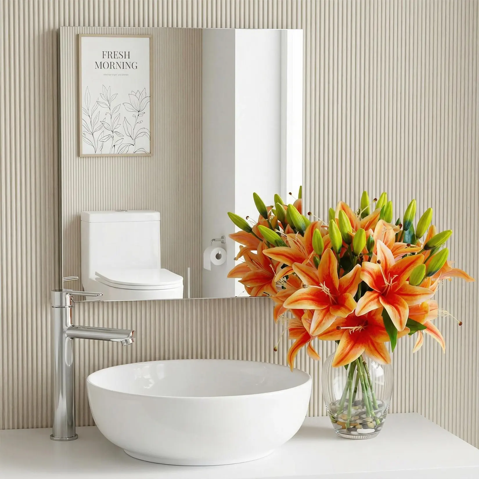 OUTGOODS Elegant 15.75 in Glass Vase & Artificial Lily Bouquet Single Set - Lifelike Plastic Resin Fake Lilies, Faux Water, Artificial Plant for Tabletop Display, Bedroom, Year-Round Fresh Home Decor