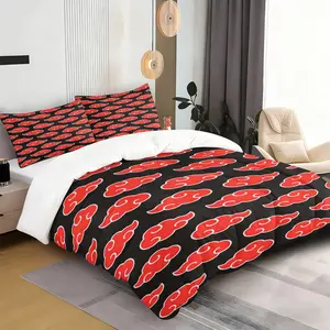 Akatsuki Red Cloud Duvet Cover Set (2/3 Piece, 1 Duvet Cover + 1/2 Pillowcases), Polyester Anime Ninja Print Bedding, Soft Breathable Bed Set for Anime Fans & Teens, Ideal Gift for Naruto Fans (Multiple Sizes Available, No Comforter Or Pillow Core)