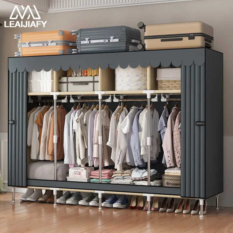 LEAIJIAFY Large Capacity Portable Wardrobe – Sturdy, Durable, Dustproof, Simple Design with Four Hanging Bars and Four Storage Shelves — Suitable for Dorms, Rental Rooms, and Bedrooms