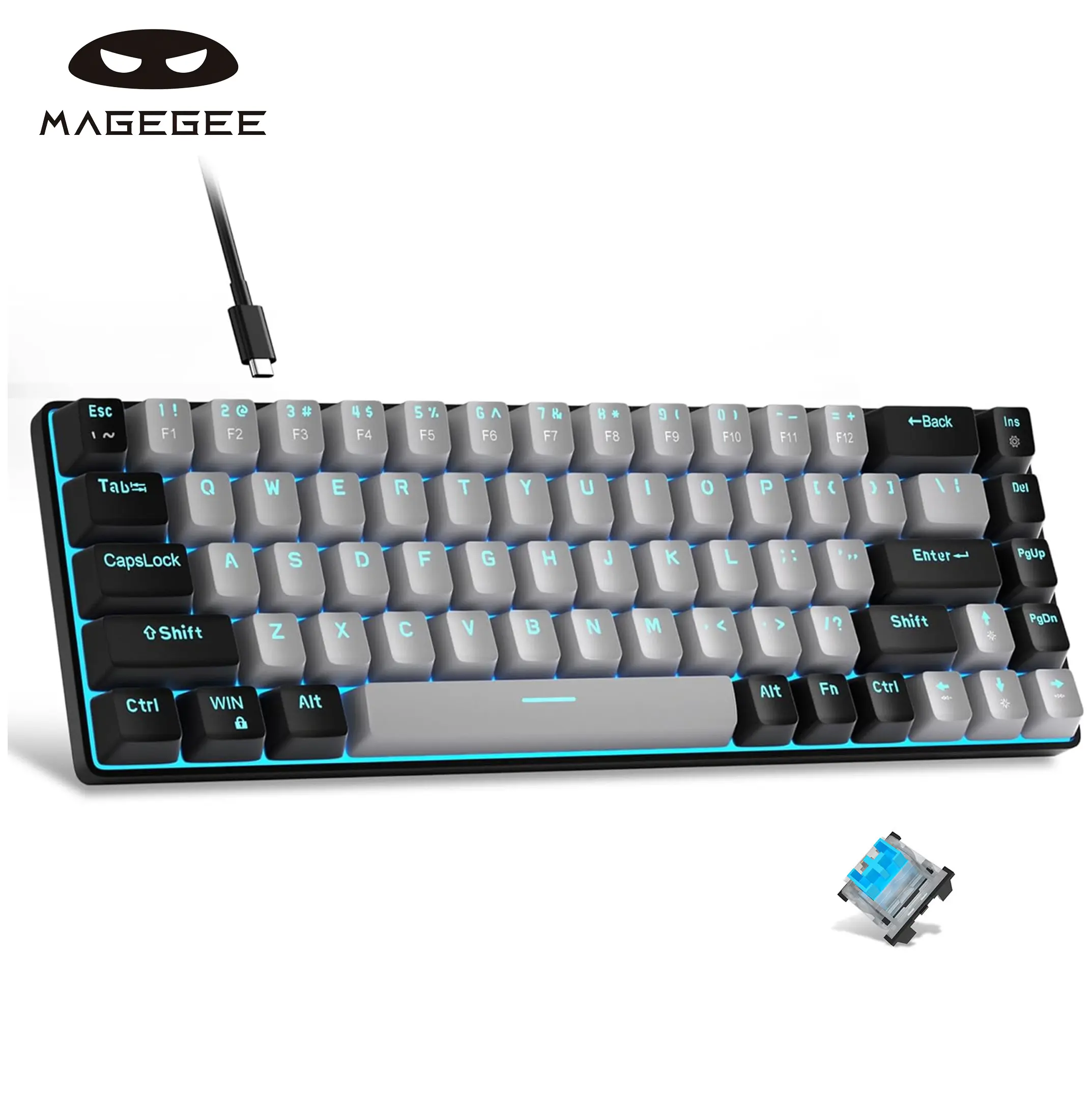 MageGee MK-Box 60% Compact 68-Key Illuminated Mechanical Red Switch Ergonomic Keyboard, Portable Wired White LED Backlit Multi-Platform Keyboard for Windows Laptop, PC, Mac - Grey, Red Switch Keyboards