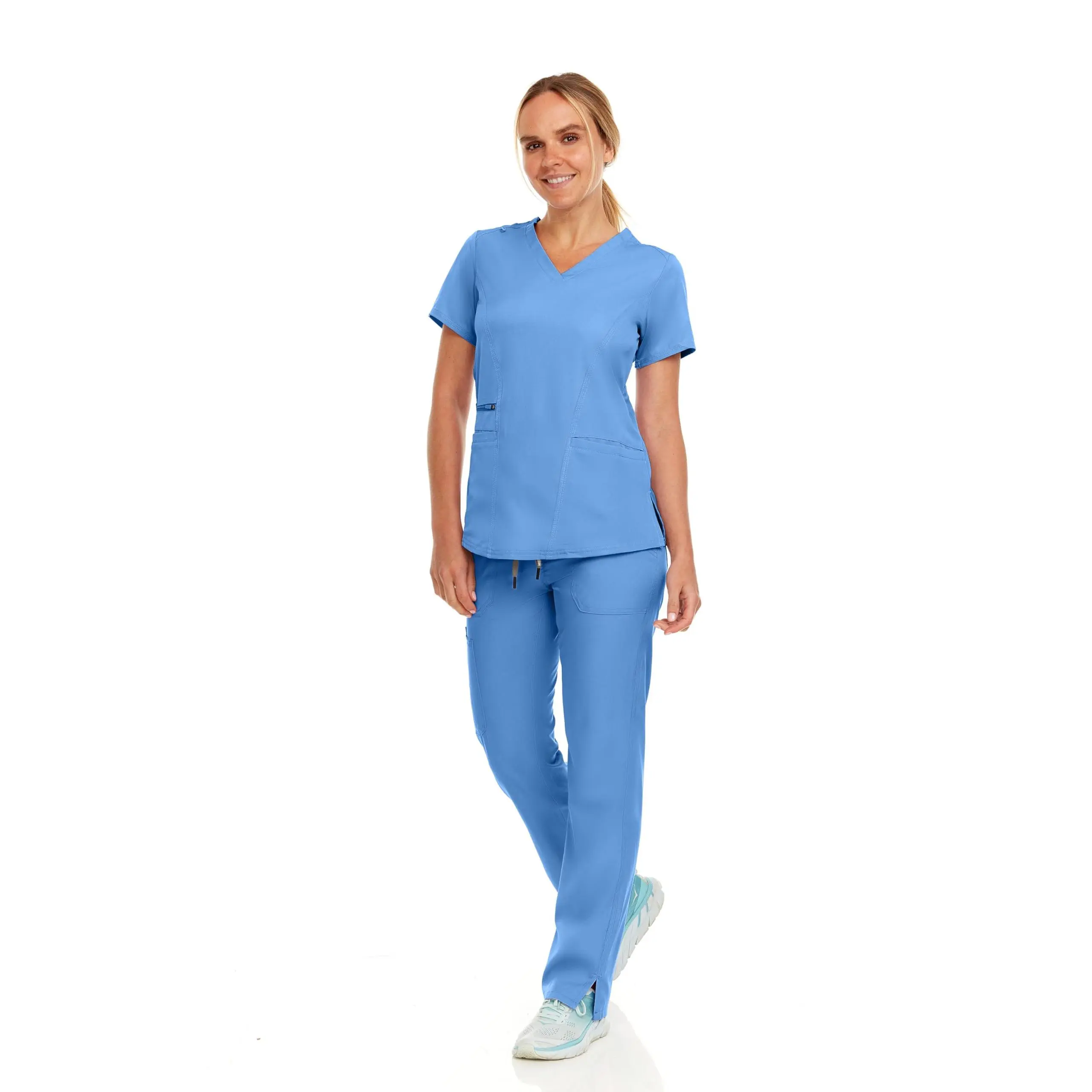 MediChic Women's V-Neck Scrub Set - Straight Leg Six Pocket Cargo Scrub Pants with 4-Way Stretch