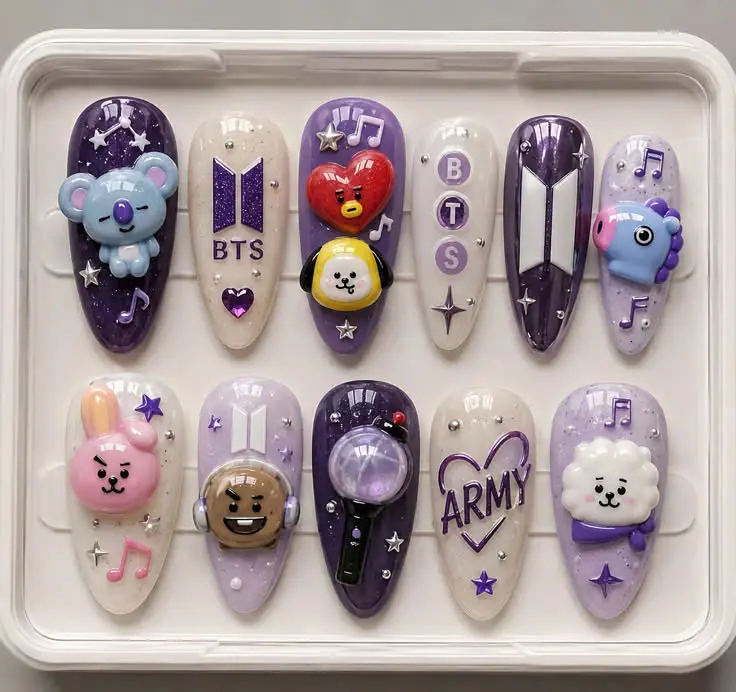 Handmade SBTSES Inspired Press On Nails, 3D Kawaii Purple RARMYU Reusable Gel Fake Nail Set with Free Adhesive Tabs Nail File Cuticle Stick