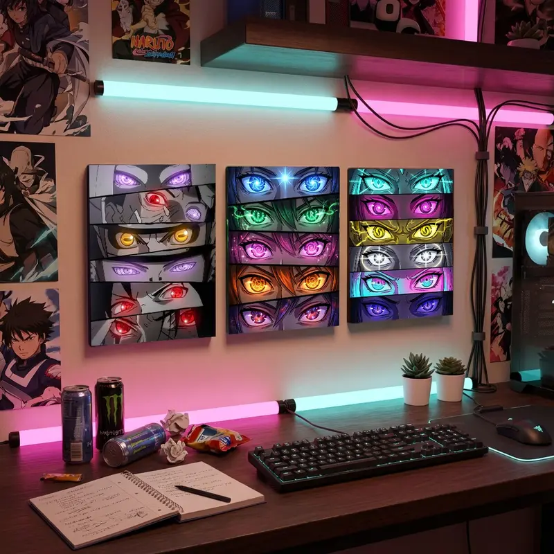 Windows To Other Worlds, Framed. 3 Stretched Canvas Prints Of Iconic Anime Character Eyes. For The Ultimate Weeb Shrine Or Artist‘S Studio. #Animeeyes #Weebcave Art Wall Decoration