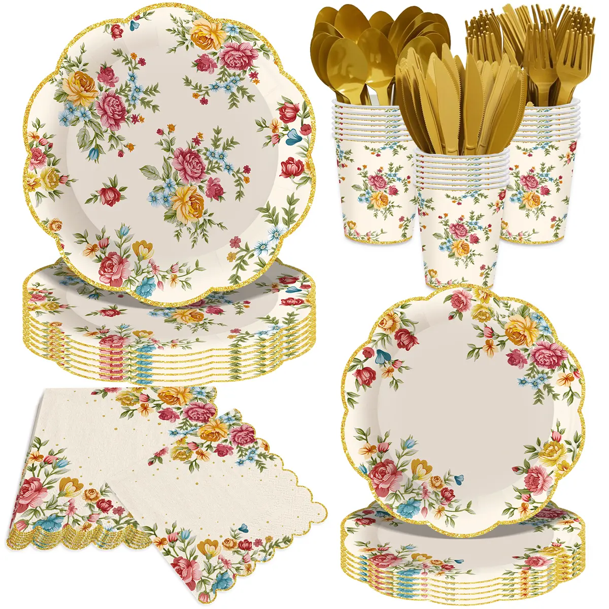 Disposable Vintage Floral Tableware Set (140Pcs, Serves 20) - Spring Summer Decor, Tea Party Supplies, Paper Plates, Napkins, Birthday Ideas, Christening Essentials