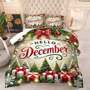 2/3 Piece Christmas Bedding Set, Hello December Cover Printed Comforter Set,Christmas Gift Christmas Carnival and Happy New Year, Simple, Luxurious, Soft and Comfortable, Including 1 Quilt and 1/2 Pillowcase