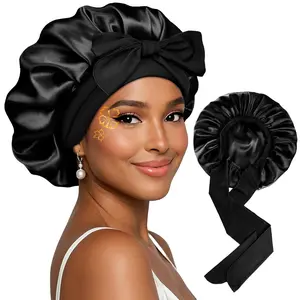 1pc Satin Bonnet Silk Bonnet for Sleeping Double Layer Adjustable Hair Bonnet for Women Men for Curly Natural Hair with Tie Band, Black, Satin Lined Bonnet