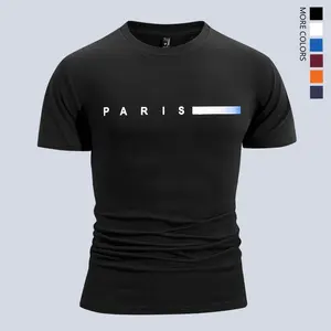 Men’s Paris Pattern T-Shirt – White short-sleeve crew neck casual shirt, soft polyester fabric, machine washable, comfortable for all seasons, minimalist style, basic fashion top, casual apparel