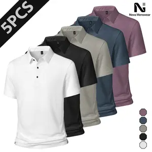 rendy Men's 5 Piece Textured Waffle Polo Shirts, Button Down Collar Solid Color Short Sleeve Tops, Fashion Streetwear Summer Apparel for Daily Street Style Hiking and Travel