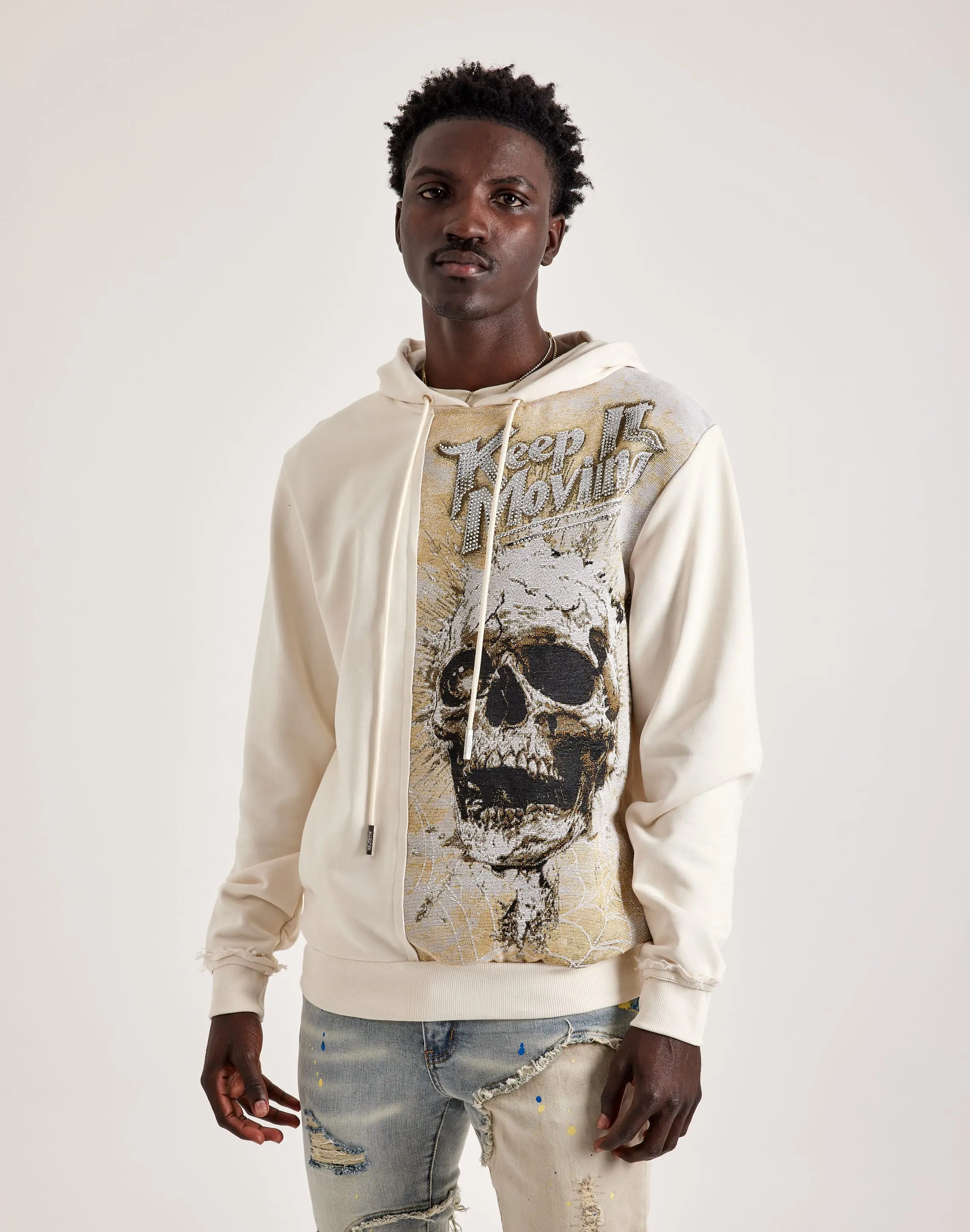 Mens Majestik Skull Head Tapestry Mix Hoodie