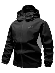 Men's Spring Autumn Hooded Color Block Patchwork Jacket, Casual Fashion Versatile Outerwear with Chest Printed Detail, Suitable for Daily Wear Outdoor Sports Party Music Festival Gift
