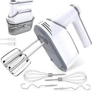 Cordless Electric Hand Mixer, 12-Speed Rechargeable Handheld Mixer with Eject Button, 6 Stainless Steel Attachments,  Storage Case, LED, Self-Stand for Baking, Cake, Dough, Egg (White)