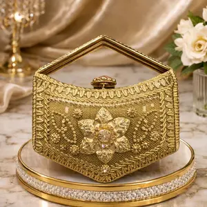 Gold Mini Metal Floral Clutch - Elegant Handbag with Floral Design and Gold Color