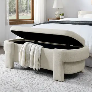Linen Upholstered Storage Bench, Modern Oval Entryway Ottoman with Large Hidden Storage, Fully Assembled Bedroom End-of-Bed Bench