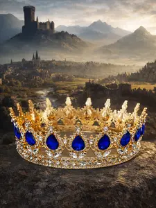 The Armored Kingdom Oceanic Sapphire Blue Crown Gold Plated Zinc Alloy with Sapphire Blue Rhinestones for Bridal Occasions and Royal Gifts Tiara Jewellery Crystal Braid Hairstyles Necklace Headdress