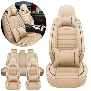 Car 5 Seat Covers with 4 Pillows Luxury PU Leather Full Set Universal Front Rear Cushion Protector Pad Non-Slip Mat Waterproof Beige