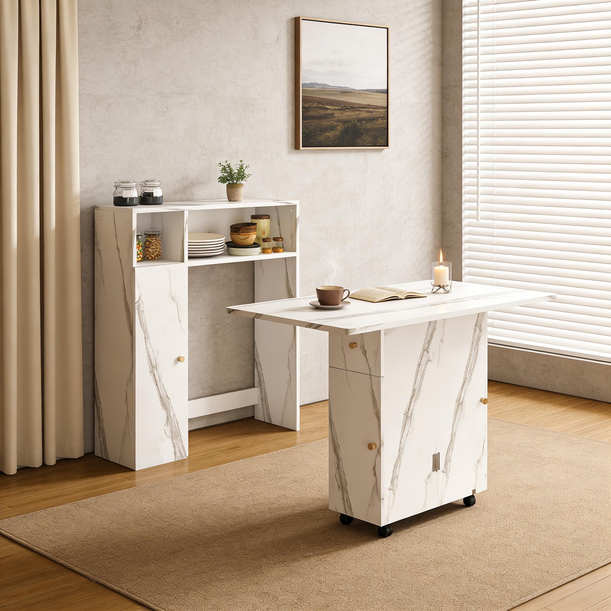 Multifunctional Folding Dining Table with Wall-Mounted Sideboard & Storage for Small Apartments - Space-Saving Foldable Desk & Table, White, 4-in-1 Power Outlet + USB, Silent Wheels, Locking Mechanism, Eco-Friendly, Apartment Essentials