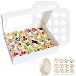 6 Pack 24 Count Cupcake Boxes, Mini Cupcake Containers, 14.37 x 10.43 x 3.4 Inch White Disposable Bakery Boxes with Window and Inserts for Birthday Holiday Party Bakery Desserts
