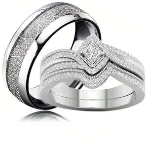 Fashion Silver Color Couple Rings For Lover's Engagement Wedding Band Jewelry Accessories Vintage Rhinestones Women Rings Set Trend Stainless Steel Men Rings