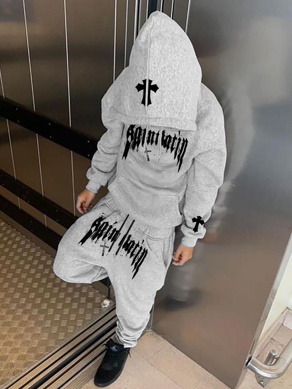Men's Street Style Hooded Sweatshirt & Pants Set, Graphic Print, Loose Fit, Long Sleeve, Fall Winter Fashion, Casual