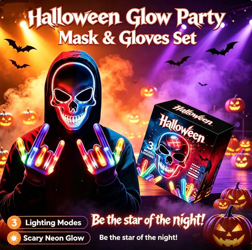 Halloween LED Glow Skull Mask with Light Up Gloves, Neon Skeleton Halloween Costume Accessories, Multi-Color Flashing Light Modes Scary Neon Mask Glow Gloves for Halloween Party, Cosplay, Trick or Treat, Rave, Club Night