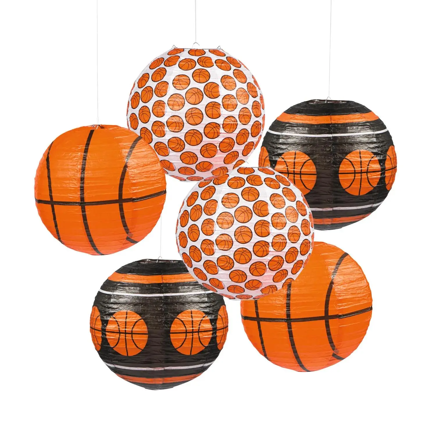 Multicolor Round 12" Sport-Themed Reusable Basketball Hanging Paper Lanterns - 6 Pc., for Room Decor