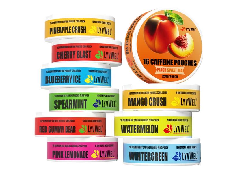 LyvWel 10-Jar 72mg All Flavors Variety Pack 1,152mg Per Can Upper Energy Deckys Zero Sugar, Energy Boost