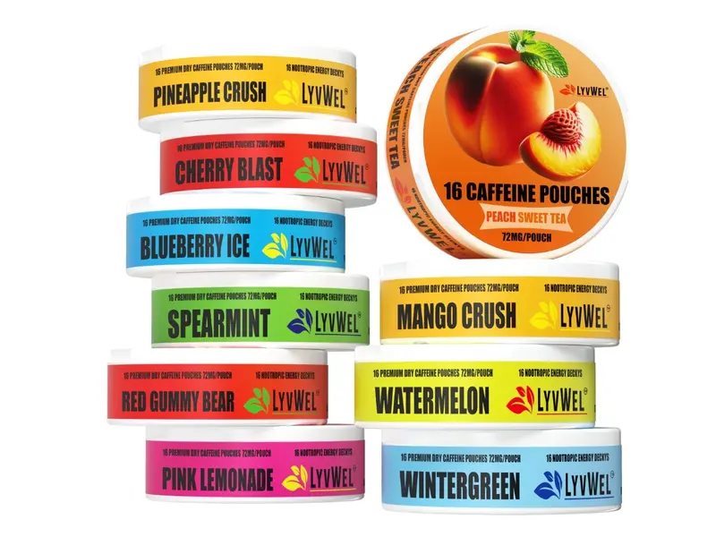 LyvWel 10-Jar 72mg All Flavors Variety Pack 1,152mg Per Can Upper Energy Deckys Zero Sugar, Energy Boost