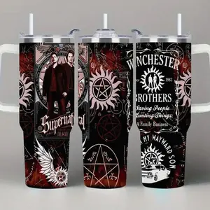 1 Piece Lyrichard 40 oz < Supernatural >   TV Series Inspired Thermos Cup - Retro Winchester Brothers Design (With Handle, Leak-Proof Double-Wall Insulation, Can Keep Drinks Hot or Cold for a Long Time, 304 Stainless Steel Travel Cup