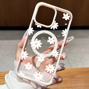 Magnetic Daisy Flower Phone Case for iPhone 14 13 12 Transparent Soft TPU Cover with Full Edge Protection Lightweight Cute Floral Design Minimalist Aesthetic for Women Trendy Instagram Style Daily Use