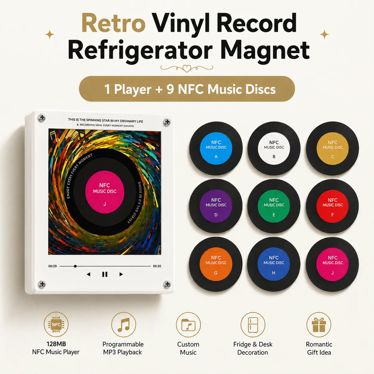 Vintage Vinyl Record NFC Music Fridge Magnet box, Retro Music Box Gift, Metal Music Fridge Magnet - 1-Second Song Swap, Aesthetic Collectible Refrigerator Decor, Magnets for Fridge, Room Decor Gift, Desk Room Decor for Music Lovers and fans
