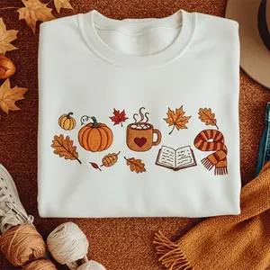 Cozy Autumn Embroidered Sweatshirt with Pumpkin Spice, Fall Crewneck, Thanksgiving Outfit, Cute Cottagecore Gift for Her, Trendy Fall Sweater