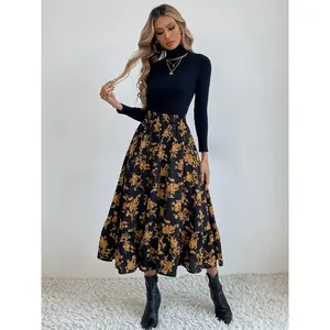 Women's printed elastic waistline skirt, elegant high waisted MIDI skirt, suitable for daily wear, vacation parties, women's spring and autumn clothingRAIMENTRY