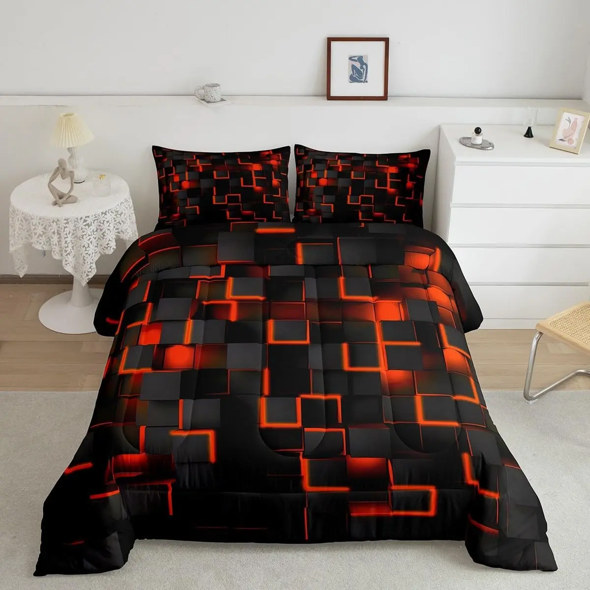 Feelyou Bicolored Duvets & Sets - Orange and Black Comfy Decorative Bed Cover, Full Size Light Geometric Quilt, Modern Textile Bedding for Teens, Bed Cover Set