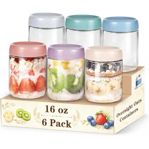 6 Pack 16oz Wide Mouth Mason Jars, Overnight Oats Containers with Airtight Lids for Yogurt, Meal Prep, Chia Pudding