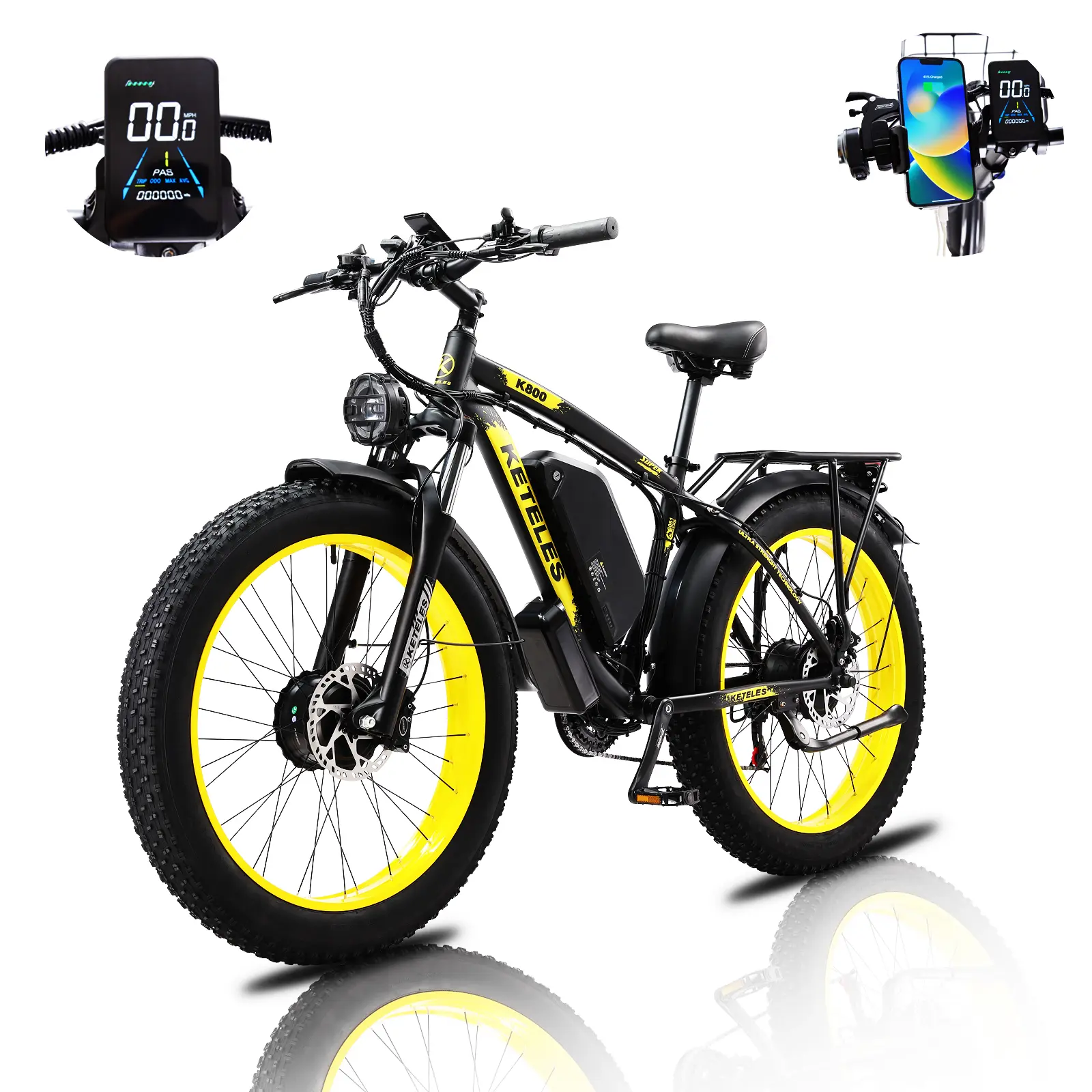 Electric Bike for Adults, AWD Ebike Dual Motor, 26'' Fat Tire Peak 4000W Ebikes with 48V 23AH Battery Hydraulic Brake ​​Electric Bicycle, 21 Speed Dirt Bikes UL Certified. ebycco  e  bike 28m/ph,e bike 2 seat electric bike Front Fork e bike adventure bike