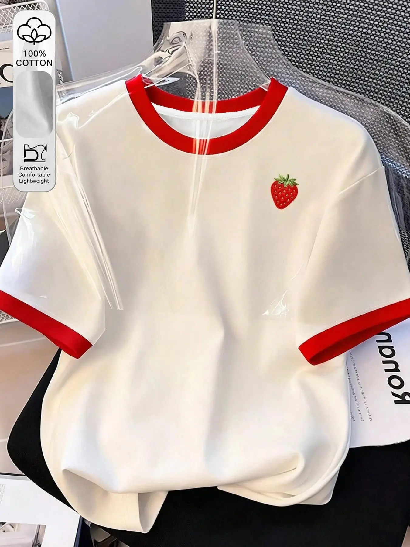 Women's Patchwork Strawberry Print Short Sleeve Summer Casual Style Round Neck Pure Cotton T-Shirt, Loose-Fitting Knit Top Without Button or Zipper, Womenswear