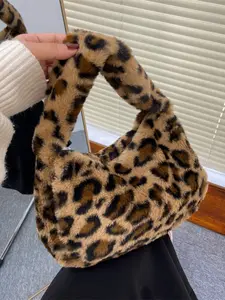 2025 Women's Leopard Print Faux Fur Fluffy Handbag, Fall Winter New Fashion Trendy Shoulder Bag, Stylish Pom-Pom Purse for Ladies