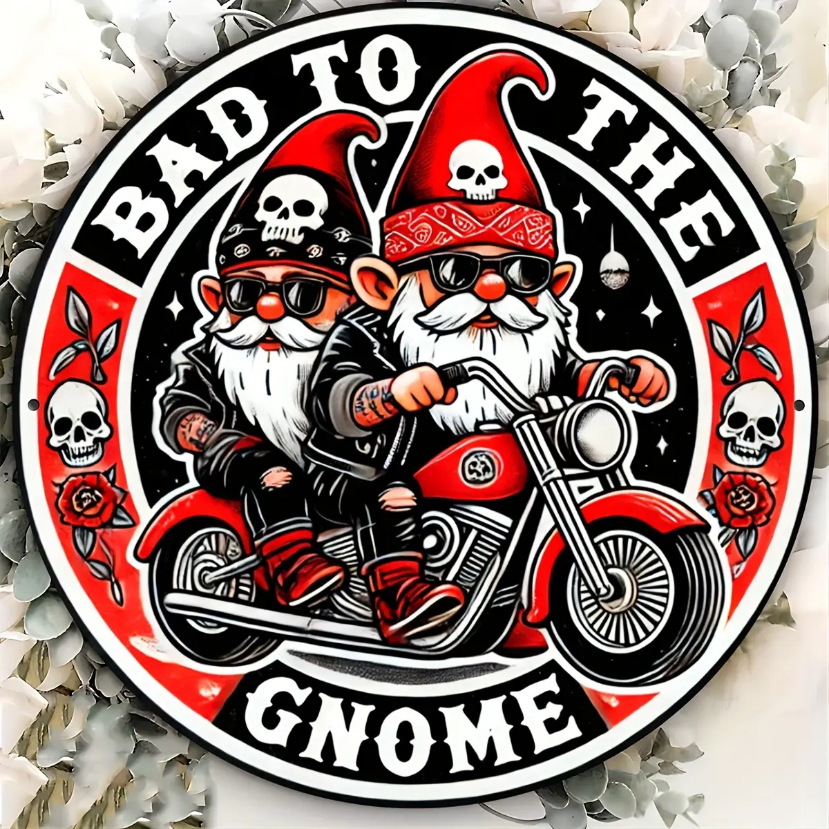 Gnome Metal Wreath Sign - Round Motorcycle Girl & Guy Emblem Decal, Cute Specialty Plaques & Signs for Living Room, Patio, Holiday Gift & Entrance Accent, Emblem Decal Speciality Plaques & Signs